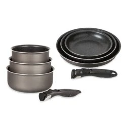 Lot 3 Casseroles Et 3 Poêles Anti-adhésives Effet Pierre Et 2 Manches Amovibles